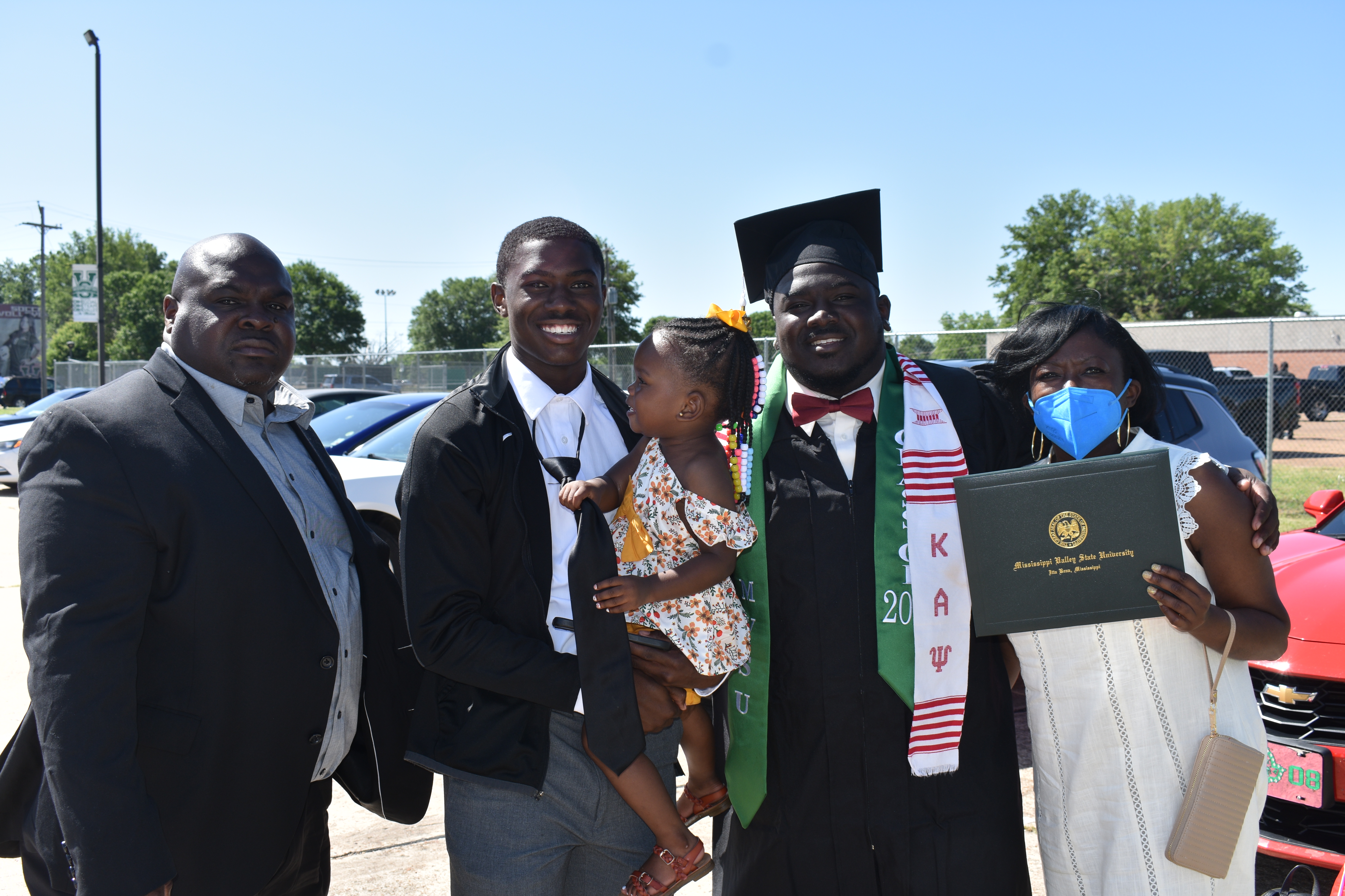 Antwoine Williams Jr., second to right, celebrates his graduation from MVSU with a bachelor’s degree in mass communications with his family. From left are Antwoine Williams Sr., Amir Williams, Aaliyah Williams, Antwoine Williams Jr. and Lakita Williams.
