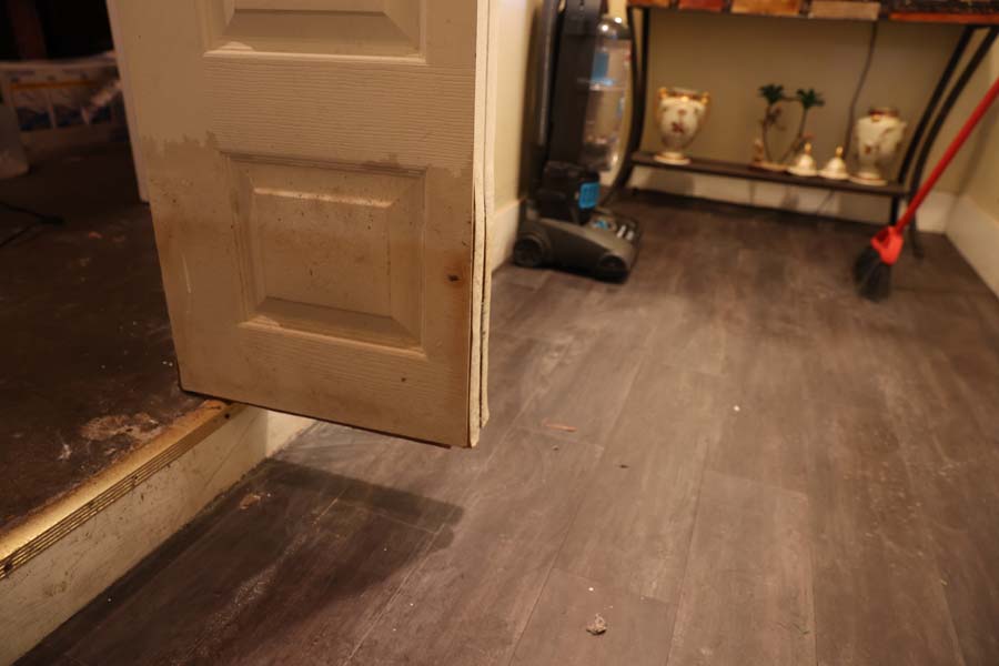 Water stains seen on the door inside Jackie Davis’ home on Mabyline Street indicate how high the water crept during last week’s flash flooding.