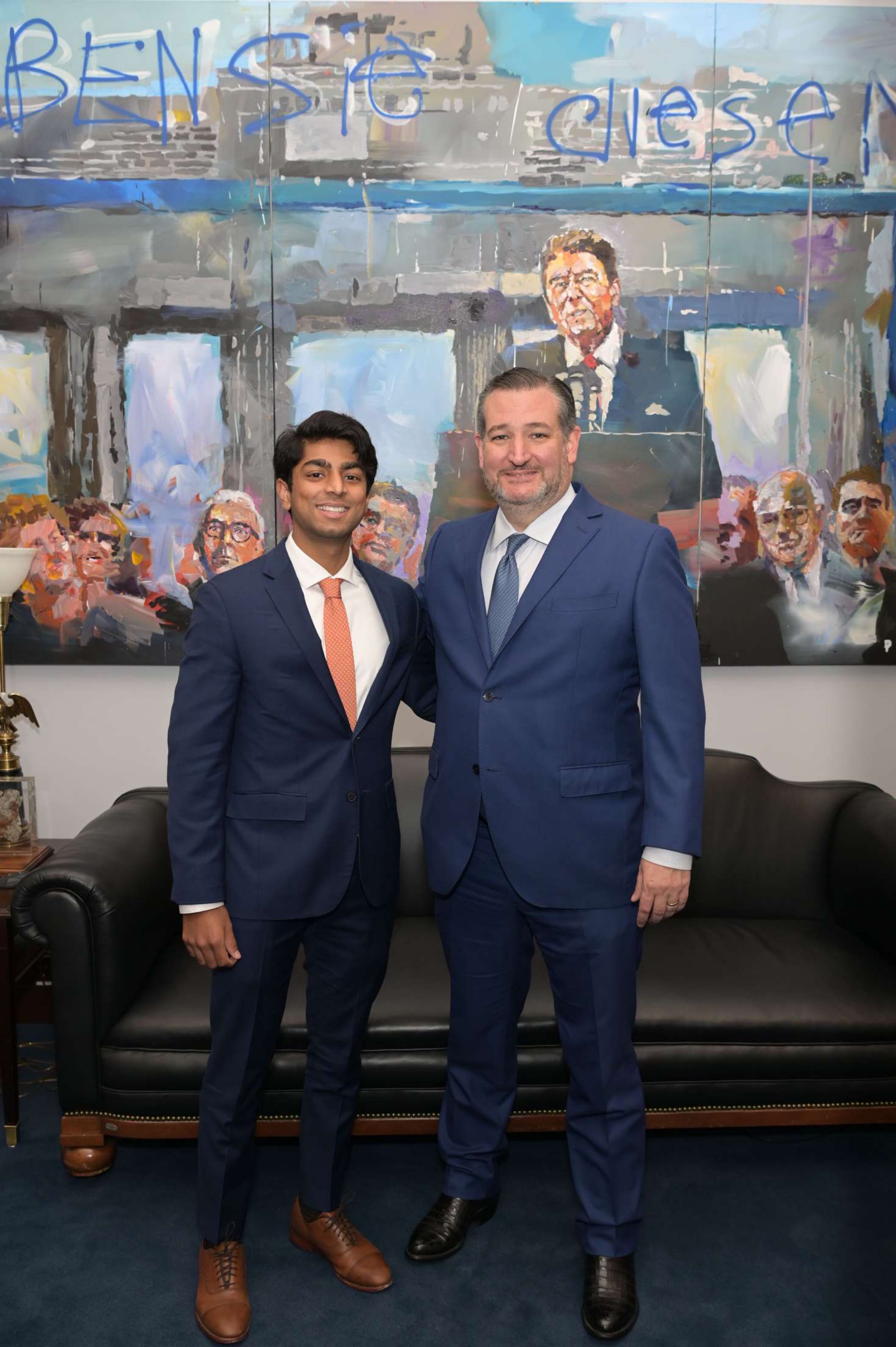 Sunjay Chawla stands outside the U.S. Senate lunch room with Texas Sen. Ted Cruz. 