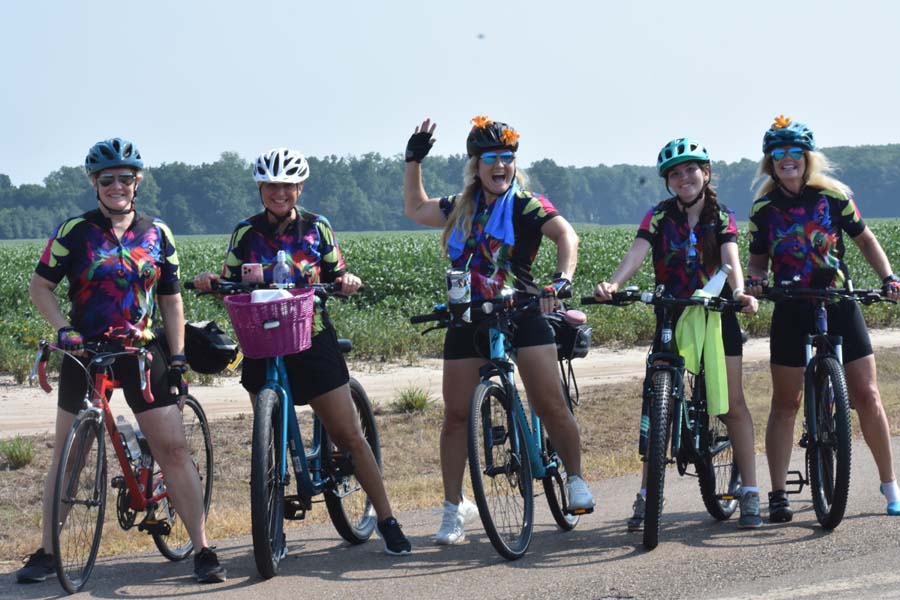 The Wolf River Biker Babes say they made their first trip to Bikes, Blues & Bayous as much for the fun as for the exercise. They are, from left, Sheri Kennedy of Houston, Texas; Dougie Saletel of Arlington, Tennessee; Amy Stone of Collierville, Tennessee, and her daughter Savannah; and Sherry Lichterman of Eads, Tennessee.