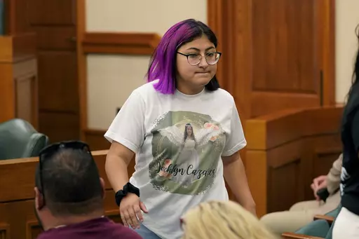 Jazmin Cazares, whose young sister Jacklyn was was one of 19 children killed at Robb Elementary School, attends a hearing at the state capitol, June 23, 2022, in Austin, Texas. (AP Photo/Eric Gay, File)