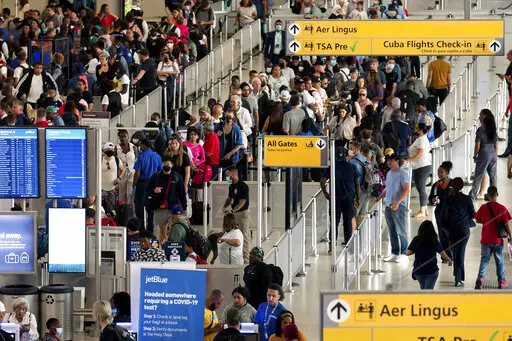People wait in a TSA line at the John F. Kennedy International Airport in New York, Tuesday, June 28, 2022. With summer vacations winding down, airlines are counting on the return of more business travelers to keep their pandemic recovery going into fall 2022. Air travel in the United States, bolstered by huge numbers of tourists, has nearly recovered to pre-pandemic levels. Business travel, however, remains about 25% to 30% below 2019 levels, according to airlines and outfits that track sales. 