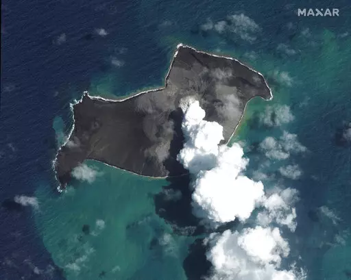 This satellite image provided by Maxar Technologies shows an overview of Hunga Tonga Hunga Ha'apai volcano in Tonga on Jan. 6, 2022, before a huge undersea volcanic eruption. (Satellite image ©2022 Maxar Technologies via AP, File)