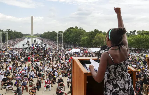 Yolanda Renee King, granddaughter of The Rev. Martin Luther King Jr., raises her fist as she speaks during the March on Washington, on the 57th anniversary of the Rev. Martin Luther King Jr.'s "I Have a Dream" speech on Aug. 28, 2020. California's first-in-the-nation task force on reparations is at a crossroads with members divided on which Black Americans should be eligible for compensation. The task force could vote on the question of eligibility on Tuesday, March 28, 2022, after putting it of