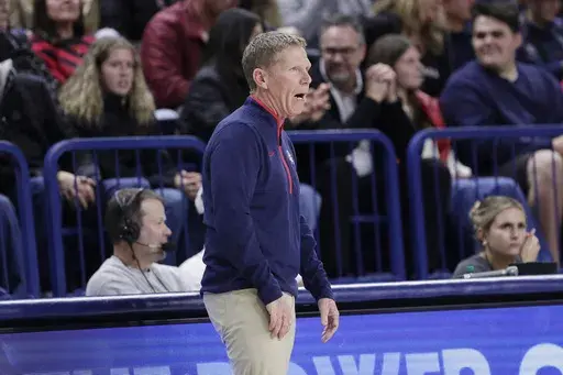 Gonzaga head coach Mark Few directs his team during the first half of an NCAA college basketball game against Bucknell, Saturday, Dec. 21, 2024, in Spokane, Wash. (AP Photo/Young Kwak)
