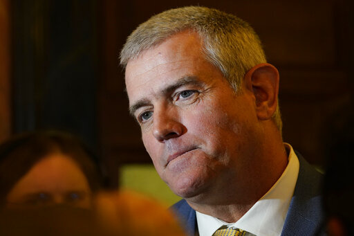 House Speaker Philip Gunn, R-Clinton speaks to reporters following adjournment of the body on the first day of the 90-day Legislative Session at the Capitol in Jackson, Miss., Tuesday, Jan. 4, 2022. (AP Photo/Rogelio V. Solis)