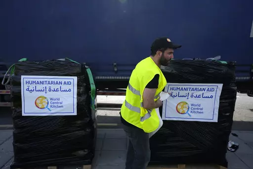 A member of the World Central Kitchen prepares a pallet with the humanitarian aid for transport to the port of Larnaca from where it will be shipped to Gaza, at a warehouse near Larnaca, Cyprus, on March 13, 2024. World Central Kitchen, the food charity founded by celebrity chef José Andrés, called a halt to its work in the Gaza Strip after an apparent Israeli strike killed seven of its workers, mostly foreigners. (AP Photo/Petros Karadjias, File)