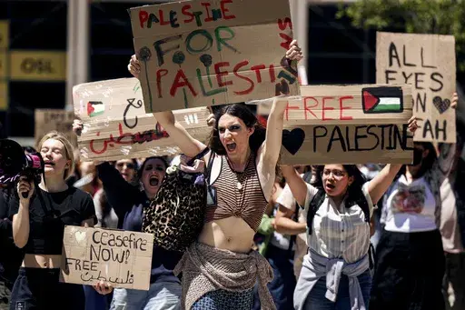 Pro-Palestinian Pasadena City College students walk out of class as they demonstrate against the Israel-Hamas war in Pasadena, Calif., on April 30, 2024. Israeli Prime Minister Benjamin Netanyahu has repeatedly accused critics of Israel or his policies of antisemitism, including the U.S. college campus protests and the prosecutor of the International Criminal Court. (Sarah Reingewirtz/The Orange County Register via AP, File)