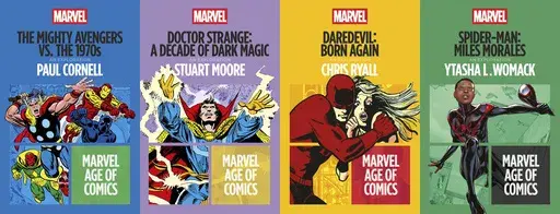 This combination of book covers shows, from left, "The Mighty Avengers vs The 1970s" by Paul Cornell, "Doctor Strange: A Decade of Dark Magic" by Stuart Moore, "Daredevil: Born Again" by Chris Ryall, and "Spider-Man: Miles Morales" by Ytasha L. Womack. (Bloomsbury/Marvel via AP)