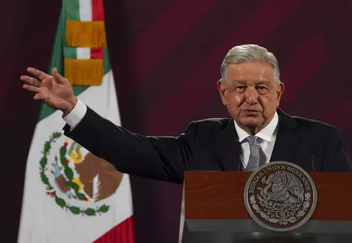 Mexican President Andres Manuel Lopez Obrador gives his regularly scheduled morning press conference at the National Palace in Mexico City, Tuesday, Feb. 28, 2023. (AP Photo/Marco Ugarte)