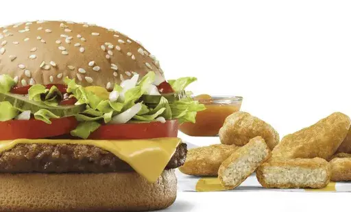 This image released by McDonald's in February, 2023, shows the McPlant plant-based burger and and the new plant-based McPlant Nuggets. (McDonald's via AP, File)