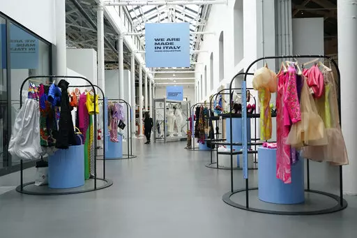 Creations, part of the 'We Are Made in Italy' collecting fashion event are shown during the women's Spring Summer 2023 fashion week, in Milan, Italy, Wednesday, Sept. 21, 2022. Milan Fashion Week opening Wednesday celebrates perhaps its most diverse season ever, abuzz with new creative directors of color at such storied houses as Salvatore Ferragamo and Bally and marking the return of Haitian-Italian designer Stella Jean after a two-year haitus. But Jean and other industry insiders behind a two-