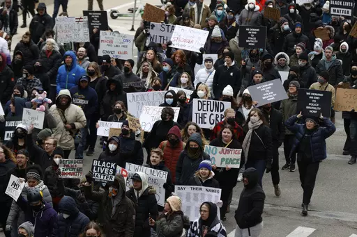 A crowd of over 300 people protest the killing of Patrick Lyoya in Grand Rapids, Mich., April 16, 2022. The 26-year-old Congolese refugee was fatally shot by a Grand Rapids police officer after resisting arrest during a traffic stop on April 4. (Eric Seals /Detroit Free Press via AP)