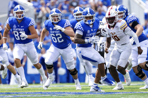 Kentucky running back Chris Rodriguez Jr. (24) runs the ball up the field during the second half of an NCAA college football game against Louisiana-Monroe in Lexington, Ky., Saturday, Sept. 4, 2021. (AP Photo/Michael Clubb)