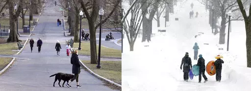 This two picture combination shows scenes from a mild day on Feb. 13, 2023, at left, and a snowy day on Feb. 9, 2015, at right, as people walk through the Boston Common in Boston. Snow totals are far below average from Boston to Philadelphia in 2023 and warmer temperatures have often resulted in more spring-like days than blizzard-like conditions. (AP Photo/Steven Senne)