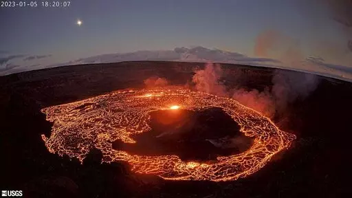 This webcam image provided by the U.S. Geological Survey shows Hawaii’s Kilauea volcano, from the west rim of the summit caldera, looking east, Thursday, Jan. 5, 2023. Hawaii's Kilauea began erupting inside its summit crater Thursday, the U.S. Geological Survey said, less than one month after the volcano and its larger neighbor Mauna Loa stopped releasing lava. ( U.S. Geological Survey via AP)