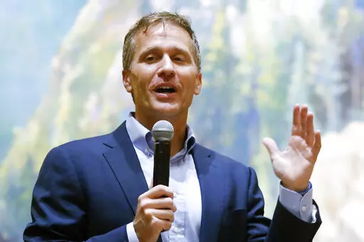 Former Missouri Gov. Eric Greitens, speaks at the Taney County Lincoln Day event at the Chateau on the Lake in Branson, Mo., April 17, 2021.   Greitens, a Republican candidate for U.S. Senate in Missouri, has posted a campaign video ad on Twitter that shows him brandishing a long gun and declaring that he’s hunting RINOs, or Republicans In Name Only.  (Nathan Papes/The Springfield News-Leader via AP, File)
