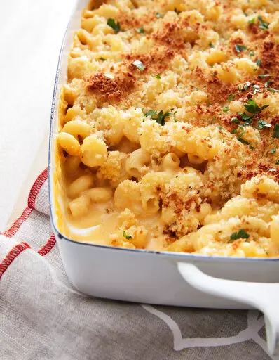 This image released by Gallery Books shows  a recipe for macaroni and cheese from the book, "Vegan, at Times; 120+ Recipes for Every Day or Every So Often," by Jessica Seinfeld with Sara Quessenberry. (Mark Weinberg/Gallery Books via AP)