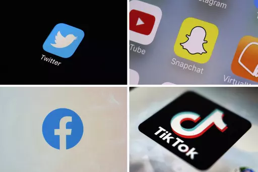 This combination of photos shows logos of Twitter, top left; Snapchat, top right; Facebook, bottom left; and TikTok. A bipartisan group of senators on Wednesday, April 26, 2023, introduced legislation aiming to prohibit all children under the age of 13 from using social media and would require permission from a guardian for users under 18 to create an account. It is one of several proposals in Congress seeking to make the internet safer for children and teens. (AP Photo, File)