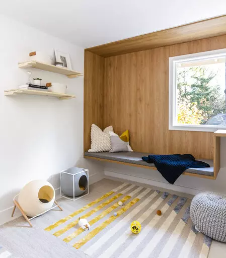 This image released by Anna Popov shows a spare room that was converted to a reading room with climbing shelves and cubbies for cats to enjoy in Redmond, Wash., designed by Anna Popov. (John Granen via AP)