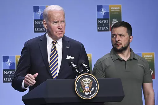 President Joe Biden, left, speaks at an event with G7 leaders and Ukrainian President Volodymyr Zelensky during the NATO Summit, in Vilnius, Lithuania, July 12, 2023. Biden's strong backing for Ukraine's effort to repel Russia's invasion has been the rare issue where he's mustered bipartisan support. But this week’s first GOP presidential debate—and recent comments by former President Donald Trump on Ukraine— suggest that the dynamic will face a stress test as the 2024 presidential campaig