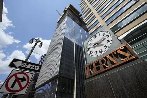 The new 685-foot tall tower under construction on the former Hudson's site is seen, Friday, July 7, 2023, in Detroit. On July 18, 2013, a state-appointed manager made Detroit the largest U.S. city to file for bankruptcy. A decade later, the Motor City has risen from the ashes of insolvency, with balanced budgets, revenue increases and millions of dollars socked away. (AP Photo/Carlos Osorio)