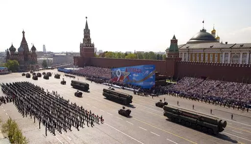 Russian military vehicles roll down Red Square Red Square during a rehearsal for the Victory Day military parade in Moscow, Russia, on May 7, 2019. Some in the West think Russian President Vladimir Putin may use the Victory Day on May 9 when Russia celebrates the defeat of Nazi Germany in World War II to officially declare that war is underway in Ukraine and announce a mobilization _ the claim rejected by the Kremlin. (AP Photo/Alexander Zemlianichenko, Pool, File)