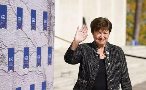 International Monetary Fund President Kristalina Georgieva waves as she arrives for a meeting of G20 finance and health ministers at the Salone delle Fontane (Hall of Fountains) in Rome, Oct. 29, 2021. (AP Photo/Alessandra Tarantino, File)