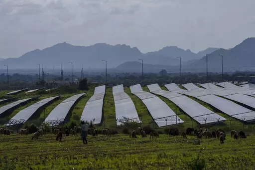 A solar power plant sits in Pavagada Tumkur district, in the southern Indian state of Karnataka, India, Thursday, Sept. 15, 2022. For countries to transition away from fossil fuels and toward cleaner energies like solar power, supply chains for components need to be more geographically diverse, officials said during a conference on solar energy in New Delhi said on Tuesday, Oct. 18. (AP Photo/Rafiq Maqbool)