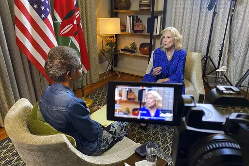 First Lady of the United States Jill Biden speaks during an interview with Associated Press White House reporter Darlene Superville in Nairobi, Kenya, Friday, Feb. 24, 2023. Biden told The Associated Press in the exclusive interview that she feels a kinship with Africa during her sixth visit to the continent. She says she wants to support nations fighting for democracy — "just like I feel we're doing in the United States." (AP Photo/Brian Inganga)