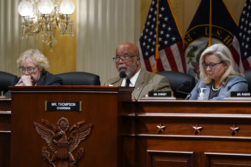 Chairman Bennie Thompson, D-Miss., center, flanked by Rep. Zoe Lofgren, D-Calif., left, and Vice Chair Liz Cheney, R-Wyo., makes a statement as the House committee investigating the Jan. 6 attack on the U.S. Capitol convenes in Washington, March 28, 2022. The House committee investigating the Jan. 6 insurrection at the Capitol will go public with its findings in a hearing next week, launching into what lawmakers hope will be one the most consequential oversight efforts in American history. (AP P