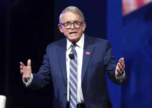Ohio Gov. Mike DeWine speaks Jan. 21, 2022, in Newark, Ohio. DeWine won high marks early in the pandemic with his stay-at-home mandates. But now Mike DeWine is facing backlash for those moves from his party's far-right faithful as he runs for a second term. (AP Photo/Paul Vernon, File)