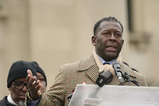 Mississippi state Rep. Chris Bell, D-Jackson, speaks outside the Mississippi state Capitol in Jackson, Miss., Jan. 31, 2023. Bell sponsored a bill that will decriminalize testing materials to detect the synthetic opioid fentanyl. The bill passed with broad bipartisan support. Republican Gov. Tate Reeves signed the measure, which will become law July 1, 2023. (AP Photo/Rogelio V. Solis, File)