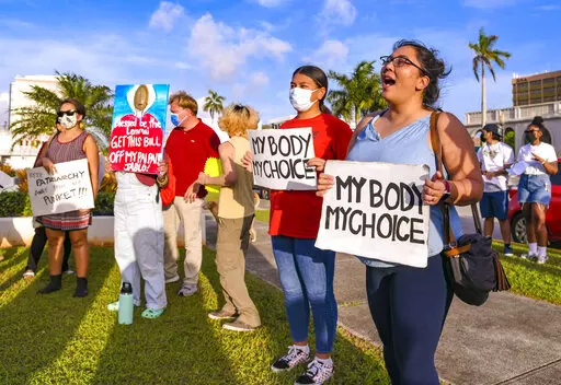 "My body, my choice!" resonates from protesters on the front lawn of the Guam Congress Building in Hagåtña during a protest as they voiced their concerns against the Guam Heartbeat Act of 2022 on April 27, 2022. Women from the remote U.S. territories of Guam and the Northern Mariana Islands will likely have to travel farther than other Americans to terminate a pregnancy if the Supreme Court overturns a precedent that established a national right to abortion in the United States. (Rick Cruz/The