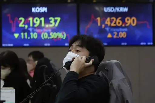 A currency trader talks on the phone at the foreign exchange dealing room of the KEB Hana Bank headquarters in Seoul, South Korea, Thursday, Oct. 13, 2022. Asian stock markets fell Thursday ahead of an update on U.S. inflation that investors worry will reinforce the Federal Reserve's plans for more aggressive interest rate hikes. (AP Photo/Ahn Young-joon)