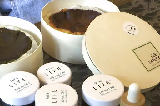 In this image made from a video, cheesecakes made with CBD, CBD powder and water-soluble CBD sold by the CBD Bakery online shop are seen in Hong Kong, Monday, Jan. 30, 2023. Hong Kong banned cannibidiol, also known as CBD, as a "dangerous drug" and imposed harsh penalties for possession on Wednesday, forcing fledging businesses to shut down and revamp. (AP Photo/Alice Fung)