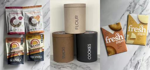 This combination of photos shows a variety of organic snack, left, upcycled storage containers by Loopy Products, center, and botanically infused papers from The Fresh Glow Co,. which are designed to keep foods fresher longer, and are organic and compostable. (Katie Workman via AP)
