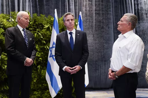 President Joe Biden and U.S. Secretary of State Antony Blinken, meet with victims' relatives and first responders who were directly affected by the Hamas attacks, Wednesday, Oct. 18, 2023, in Tel Aviv. (AP Photo/Evan Vucci)