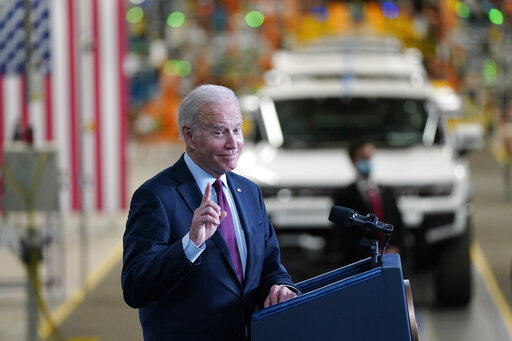 President Joe Biden speaks during a visit to the General Motors Factory ZERO electric vehicle assembly plant, Wednesday, Nov. 17, 2021, in Detroit. (AP Photo/Evan Vucci)