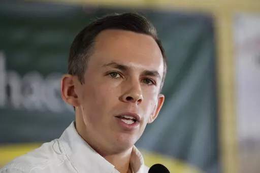 Shad White, Republican state auditor for Mississippi, addresses the crowd at the pavilion in Founders Square at the Neshoba County Fair in Philadelphia, Miss., July 28, 2022. White announced Monday, Jan. 9, 2023, that he is seeking reelection. (AP Photo/Rogelio V. Solis, File)