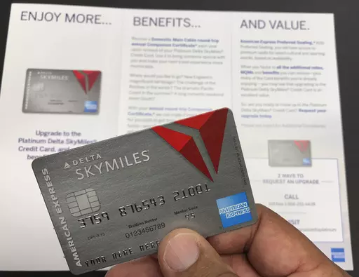 A direct mail advertisement for American Express is shown in Miami, Oct. 29, 2019. American Express is rolling out several updates Thursday, Feb. 1, 2024, to its Delta SkyMiles credit cards that will give additional benefits to users. AmEx is eager to soothe sore Delta Air Lines customers who have considered abandoning the airline after last year’s SkyMiles loyalty fiasco. (AP Photo/Wilfredo Lee, File)