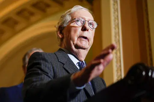 Senate Minority Leader Mitch McConnell, R-Ky., speaks during a news conference on Capitol Hill in Washington, Tuesday, Dec. 7, 2021.(AP Photo/Carolyn Kaster)