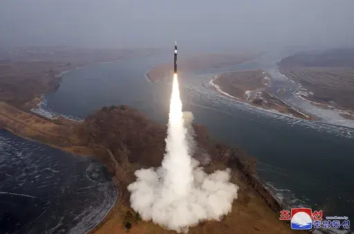 This photo provided by the North Korean government, shows what it says a test fire of new type intermediate-range hypersonic ballistic missile at an undisclosed place in North Korea Monday, Jan. 6, 2025. Independent journalists were not given access to cover the event depicted in this image distributed by the North Korean government. The content of this image is as provided and cannot be independently verified.Korean language watermark on image as provided by source reads: "KCNA" which is the ab