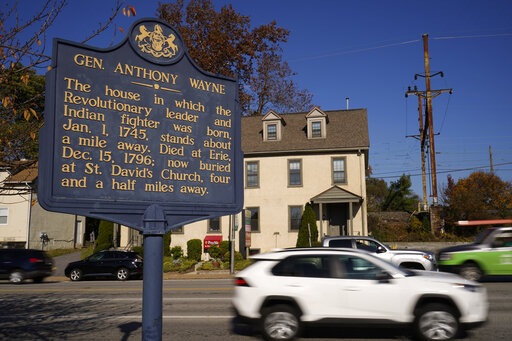 Shown is a Pennsylvania Historical Marker for Revolutionary War Gen. Anthony Wayne in Paoli, Pa., Thursday, Nov. 18, 2021. A recent review of all 2,500 markers the Pennsylvania Historical and Museum Commission had been installing for more than a century, faced a fresh round of questions about just whose stories were being told on the state's roadsides, and the language used to tell them. The increased scrutiny that has focused on factual errors, inadequate historical context and racist or otherw