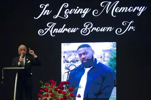 Rev. Al Sharpton speaks during the funeral for Andrew Brown Jr. on May 3, 2021, at Fountain of Life Church in Elizabeth City, N.C. On Monday, June 6, 2022, a North Carolina sheriff’s office announced a $3 million settlement in a lawsuit filed by the family of Brown Jr., who was shot and killed while unarmed by sheriff’s deputies more than a year earlier. (AP Photo/Gerry Broome, File)