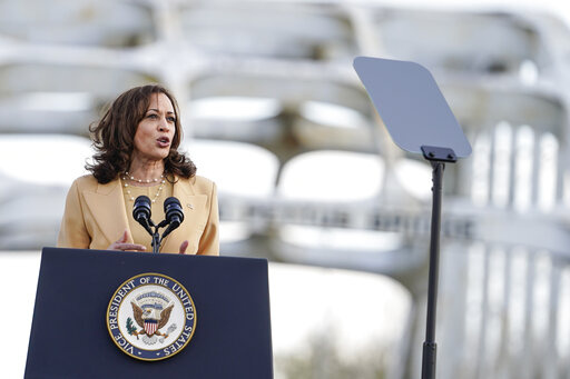 Vice President Kamala Harris speaks near the Edmund Pettus Bridge in Selma, Ala., on the anniversary of "Bloody Sunday," a landmark event of the civil rights movement, Sunday, March 6, 2022. (AP Photo/Brynn Anderson)
