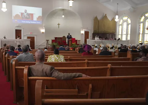 Congregants sit in largely empty pews during service at Zion Baptist Church, April 16, 2023, in Columbia, S.C. Post-pandemic burnout is at worrying levels among Christian clergy in the U.S., prompting many to think about abandoning their jobs, according to a new nationwide survey released Thursday, Jan. 11, 2024. (AP Photo/Jessie Wardarski, File)