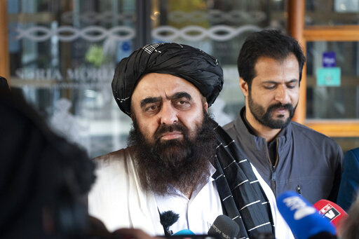 Afghan Foreign Minister Amir Khan Muttaqi meets the media outside the Soria Moria hotel in Oslo, Norway, Monday, Jan. 24, 2022. The Taliban and western diplomats have began their first official talks in Europe since they took over control of Afghanistan in August. The closed-door meetings were taking place at a hotel in the snow-capped mountains above the Norwegian capital and Taliban representatives will be certain to press their demand that nearly $10 billion frozen by the United States and ot