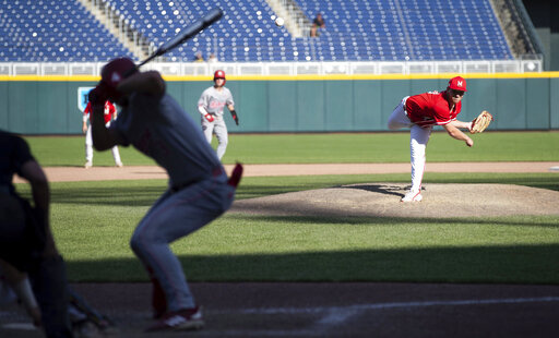 Maryland's Will Glock pitches in the 11th inning against Indiana during a Big Ten college baseball tournament game Saturday, May 28, 2022, in Omaha, Neb. (Megan Nielsen/Omaha World-Herald via AP)
