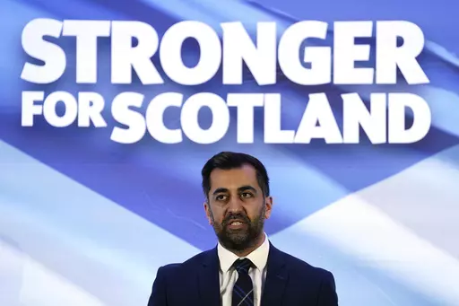Newly elected Scottish National Party leader Humza Yousaf speaks after being announced new SNP leader, at Murrayfield Stadium, in Edinburgh, Scotland, Monday, March 27, 2023. Scotland’s governing Scottish National Party elected Yousaf as its new leader on Monday after a bruising five-week contest that exposed deep fractures within the pro-independence movement. The 37-year-old son of South Asian immigrants is set to become the first person of color to serve as Scotland’s first minister. (And